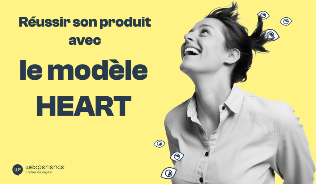 Femme souriante regardant vers le haut sur fond jaune, accompagnée du texte 'Réussir son produit avec le modèle HEART' – une illustration de Wexperience, agence digitale.