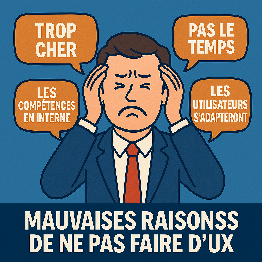 Illustration d’un homme en costume se tenant la tête, entouré de bulles listant des excuses courantes pour éviter l’UX : 'Trop cher', 'Pas le temps', 'Les compétences en interne', 'Les utilisateurs s’adapteront'. Texte en bas : Mauvaises raisons de ne pas faire d’UX.