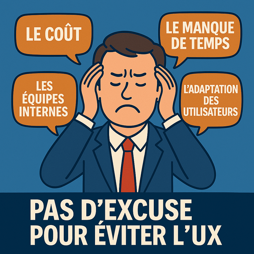 llustration d’un homme stressé en costume se tenant la tête, entouré de bulles présentant les impacts d’une mauvaise UX : 'Ergonomie déficiente', 'Adoption difficile', 'Complexité inutile', 'Coûts accrus'. Texte en haut : Conséquences d’une mauvaise UX.