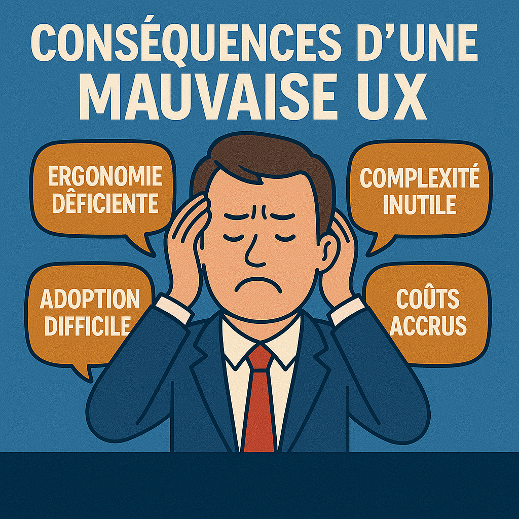 Illustration d’un homme en costume, visiblement dépassé, entouré de bulles avec des excuses courantes pour négliger l’UX : 'Le coût', 'Le manque de temps', 'Les équipes internes', 'L’adaptation des utilisateurs'. Texte en bas : Pas d’excuse pour éviter l’UX.
