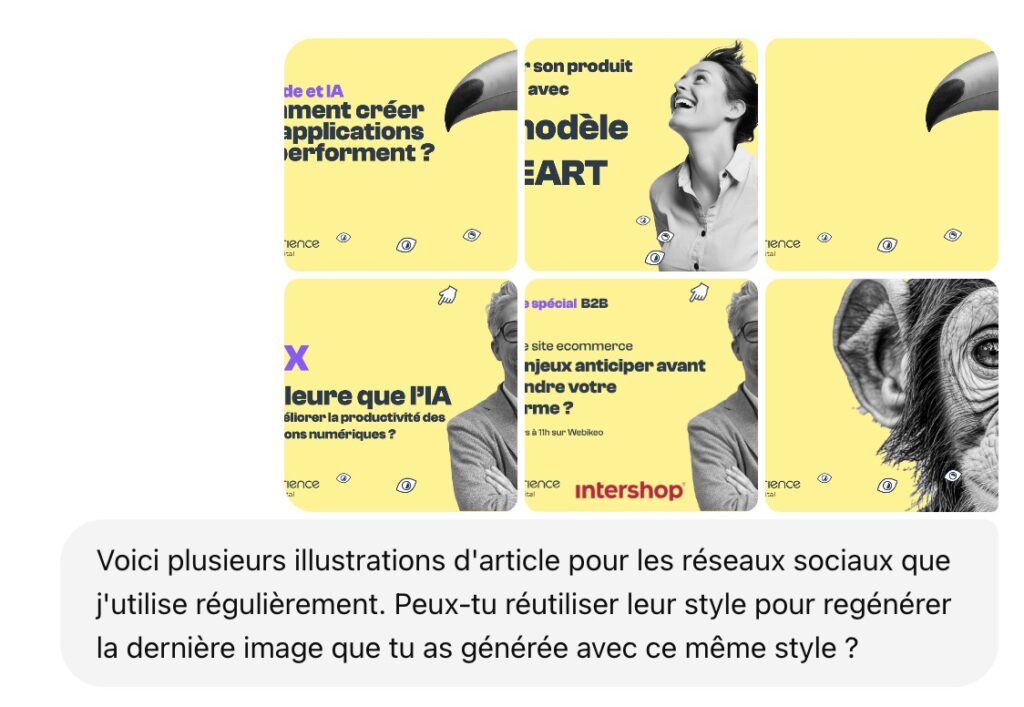 Aperçu d’un carrousel de visuels pour les réseaux sociaux sur fond jaune, illustrant des articles liés à l’UX, à l’IA et au e-commerce, avec des portraits en noir et blanc partiellement visibles (homme, femme, animaux) et une typographie noire et violette. En bas, un message demande si ce style peut être réutilisé pour générer une nouvelle image dans le même esprit.