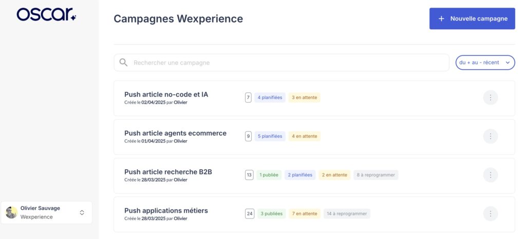 Tableau de bord principal de l'application OSCAR présentant les statistiques, les prochaines publications, et les performances globales sur les réseaux sociaux.