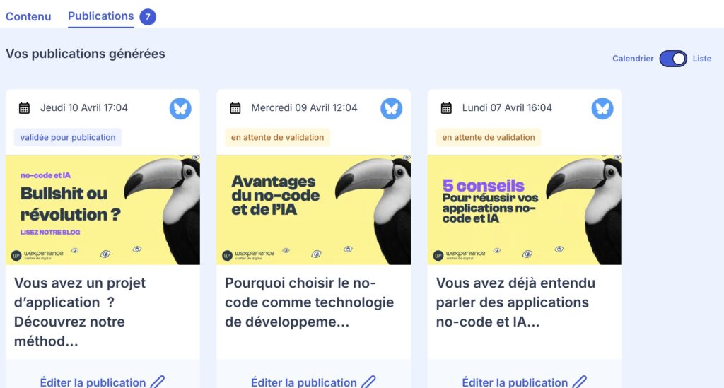 Liste des publications à venir et passées dans OSCAR, avec statut, date de publication, aperçu du contenu et visuel associé.