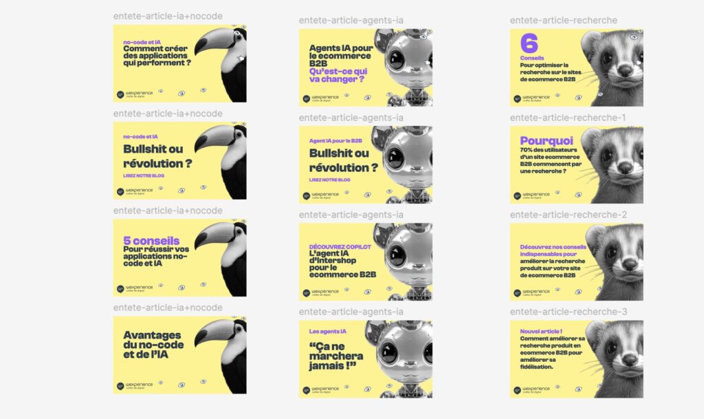 Galerie de modèles graphiques proposés par WEX pour l’application OSCAR, avec différents styles visuels adaptés aux réseaux sociaux.