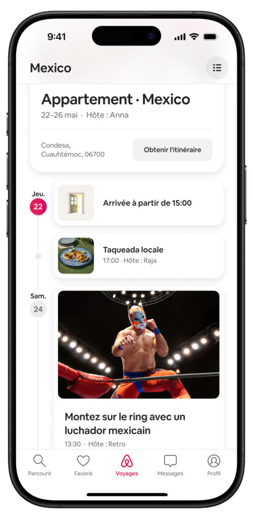 Capture d’écran de l’application mobile Airbnb affichant l’onglet « Voyages ». Le voyage sélectionné est à Mexico, du 22 au 26 mai, dans un appartement avec l’hôte Anna. Un itinéraire est proposé. L’écran présente une chronologie avec l’arrivée prévue le jeudi 22 à 15h, une taqueada locale à 17h avec l’hôte Raja, et le samedi 24, une activité intitulée « Montez sur le ring avec un luchador mexicain » à 13h30, animée par l’hôte Retro.