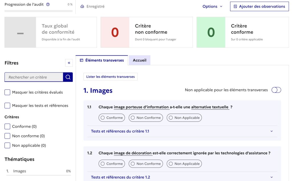 Extrait de l'interface de l’outil ARA (Assistant RGAA pour l’Audit), utilisé pour évaluer la conformité d’un site web aux critères d’accessibilité numérique, notamment en vérifiant la présence d’alternatives textuelles pour les images.