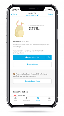 Le lapin est un élément clé de l'UX de Hopper. En fonction du résultat, il sourit ou il fait la tête (quand le prix du billet n'est pas une bonne affaire). Introduire un personnage emblématique est une manière de créer du fun, de l'émotion dans ce qui n'est qu'une application de recherche de prix. C'est un moyen de parler différemment à l'utilisateur et de dédramatiser l'achat d'un billet d'avion (qui peut être stressant quand vous devez dépenser 600€/ personne)