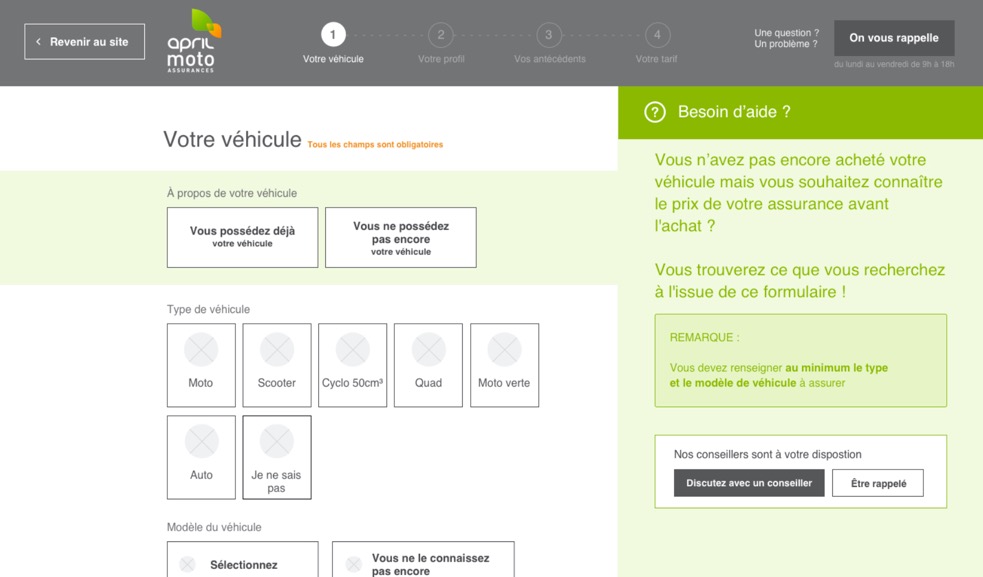 Proposition de maquette réalisée par Wexperience. A ce stade, l'intégration du persona n'est pas encore visible. En revanche, le travail d'optimisation ergonomique a déjà été réalisé, suite à des tests utilisateurs.