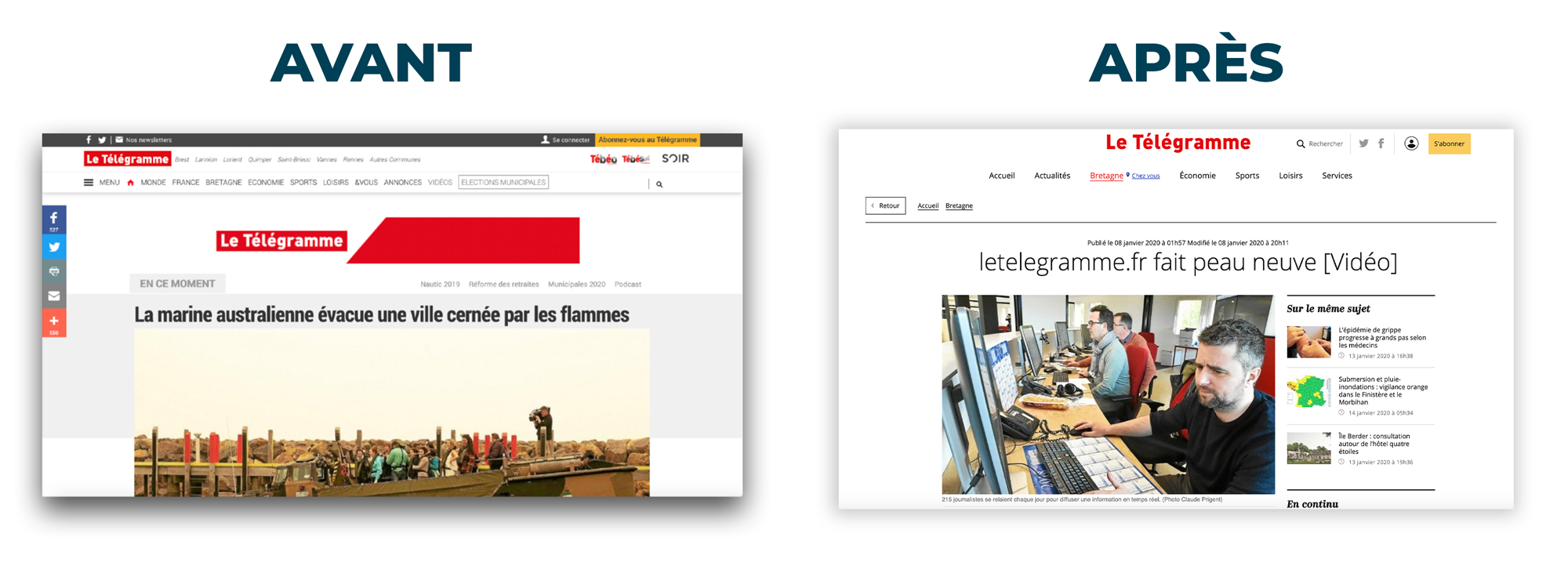 Screenshot du Telegramme.fr avec deux versions