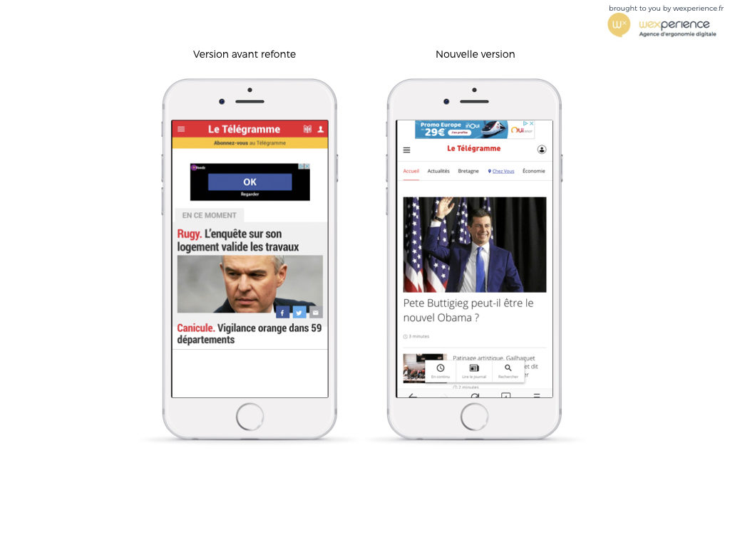 Le site web mobile de Letelegramme.fr avant et après refonte en 2020