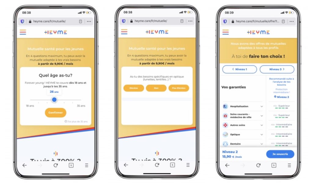 Captures d'écran des pages du site heyme.care
