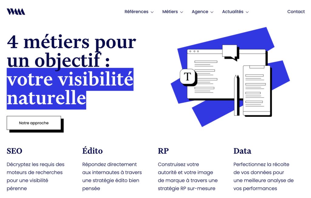 Page d'accueil du site de l'agence WAM référencement réalisé par Wexoerience