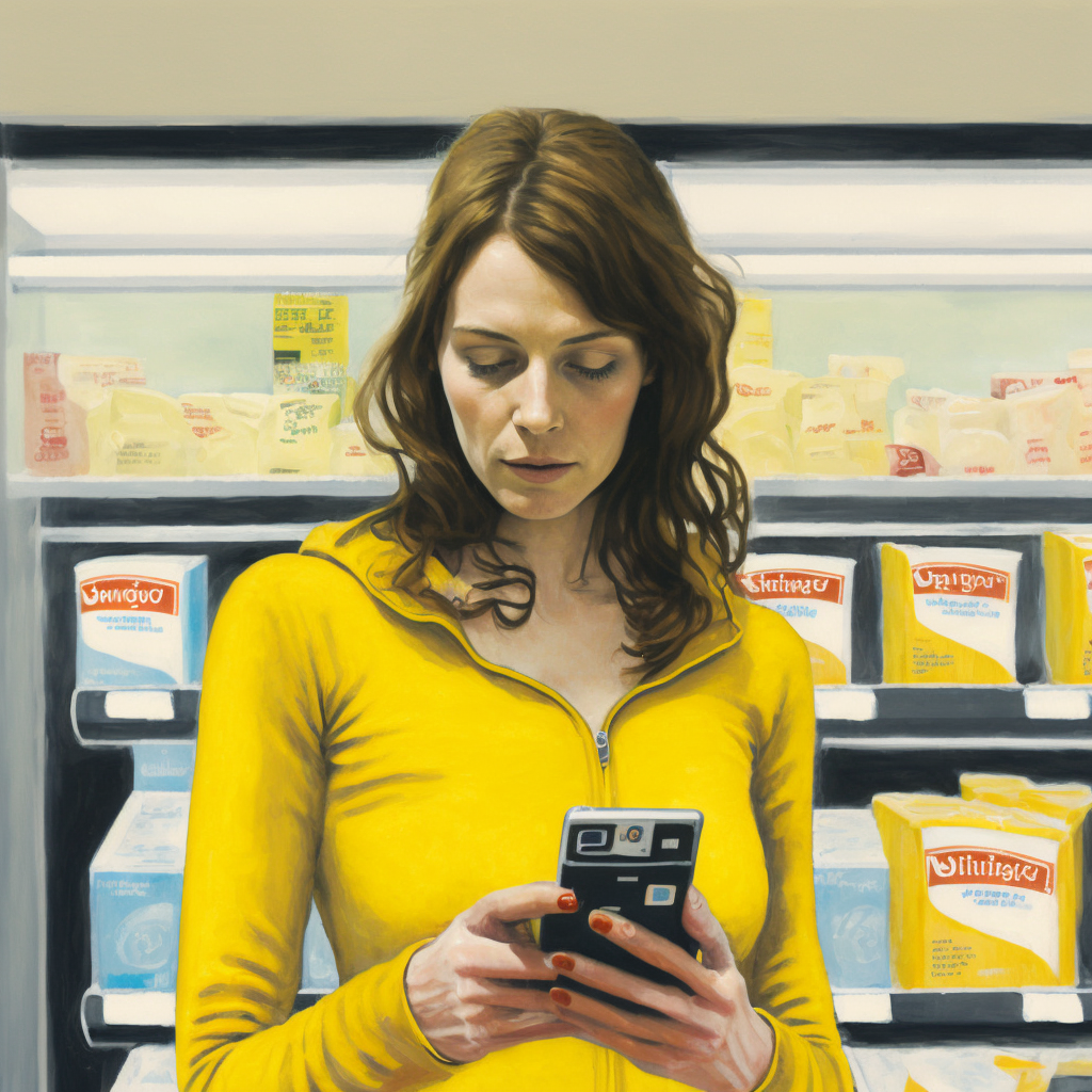 Femme faisant ses courses avec un téléphone mobile