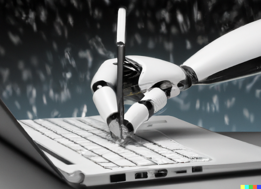 main de robot qui écrit sur un clavier d'ordinateur