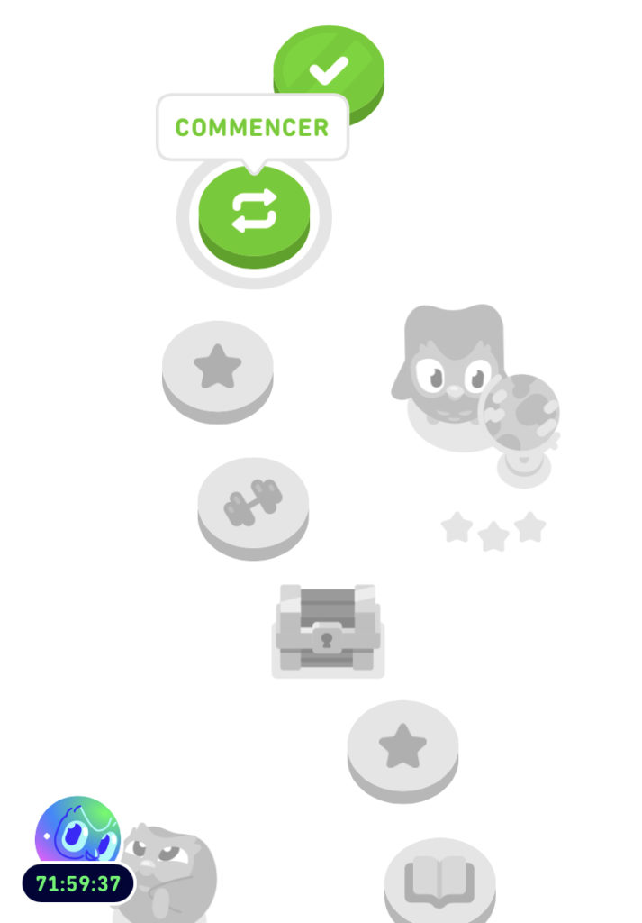 Capture d'écran sur mobile d'un parcours de progression sur l'application Duo Lingo