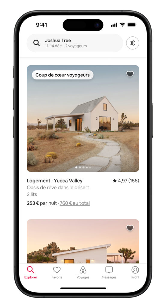 Analyse UX d'AirBNB : Capture d'écran de l'application AirBNB avec un focus sur la fonction "Coup de cœur des voyageurs"