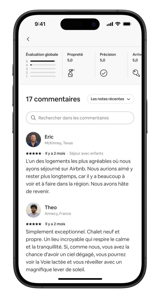 Capture d'écran de la page commentaire d'AirBNB