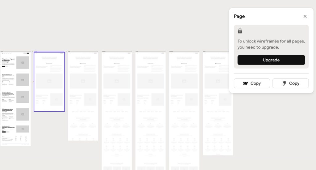 Capture d'écran du moteur de génération de wireframe montrant le point de blocage et la popup d'incitation à s'inscrire.