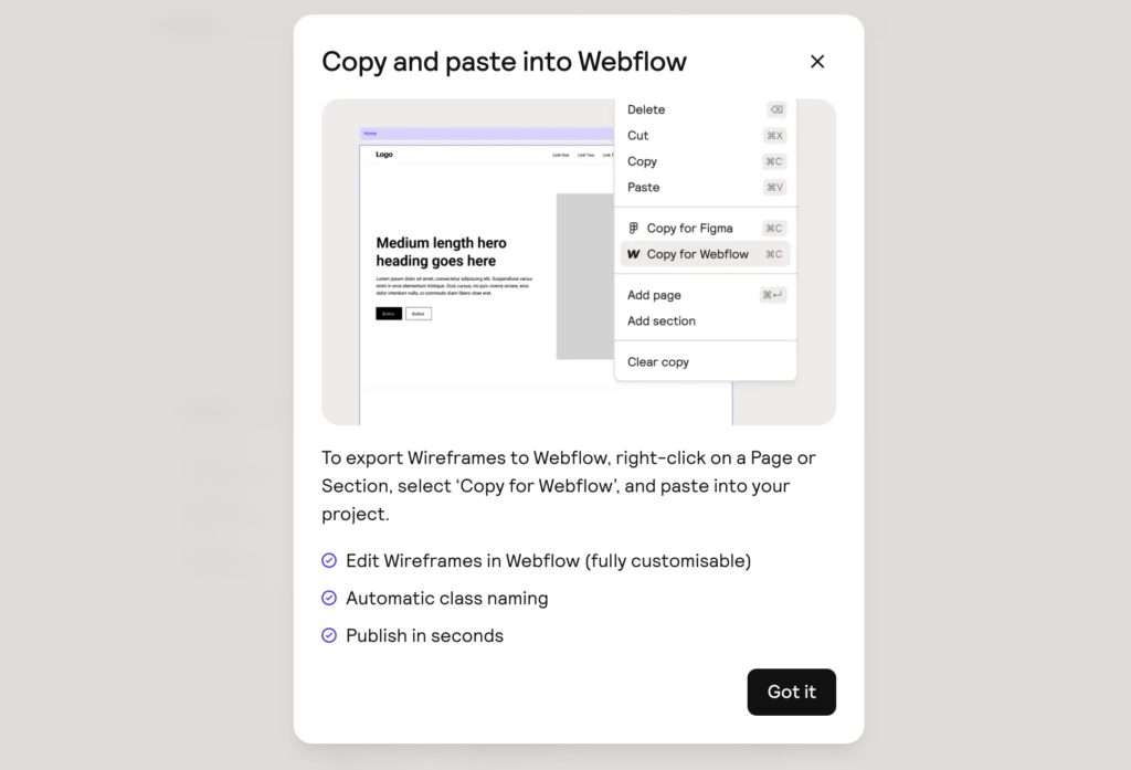 Fonctionnalité d'exportation vers Webflow de Relume