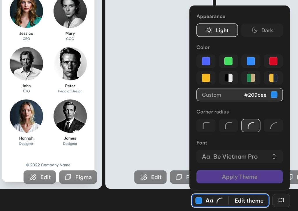 Essai de Galileo.ai : écran de modification des caractéristiques d'un template