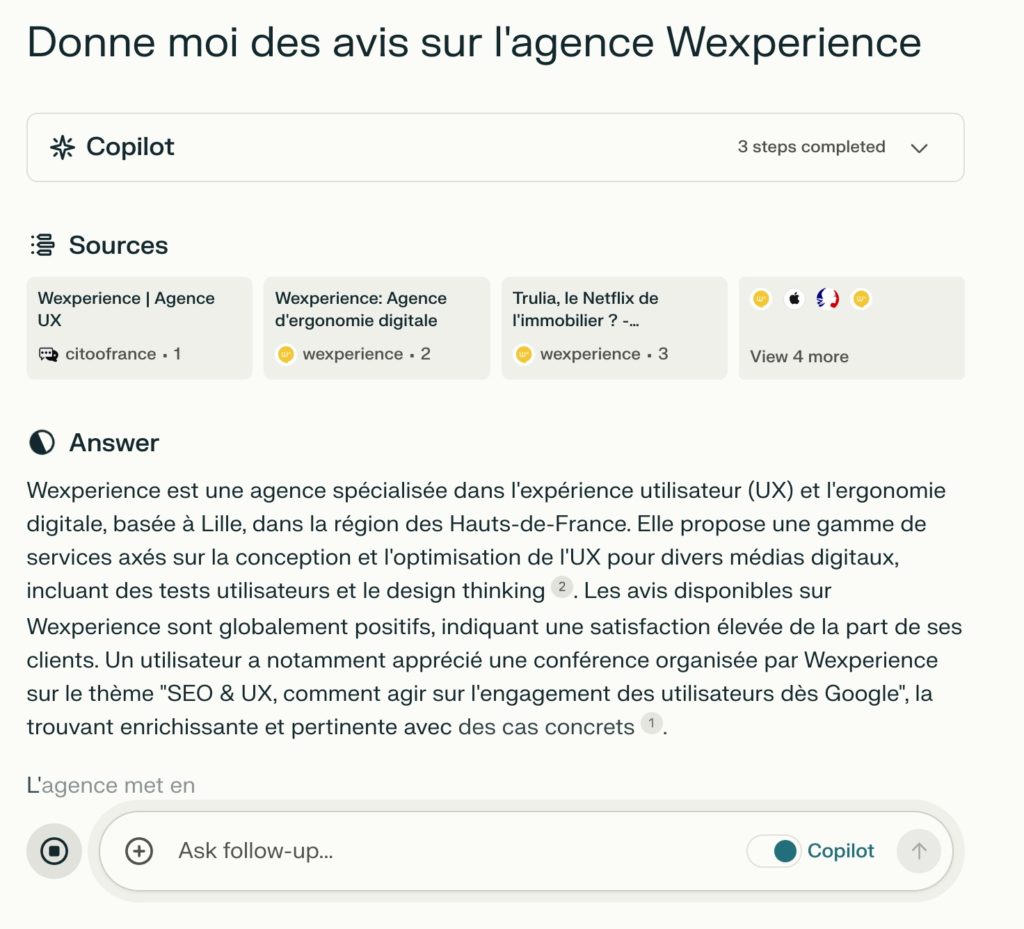 Test de la fonctionnalité de recherche de Perplexity