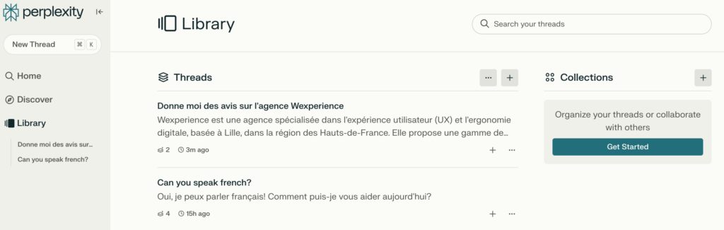 Fonction Library de Perplexity