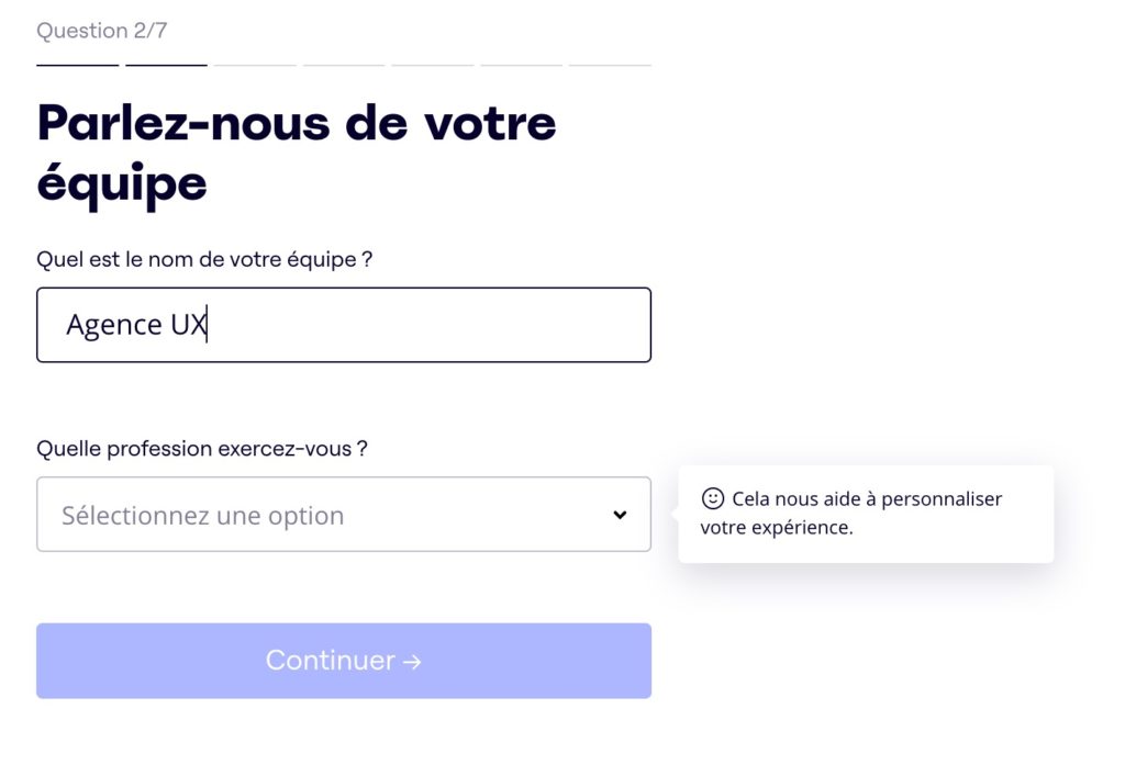 Analyse UX de Miro : capture d'écran du formulaire de saisie de la profession