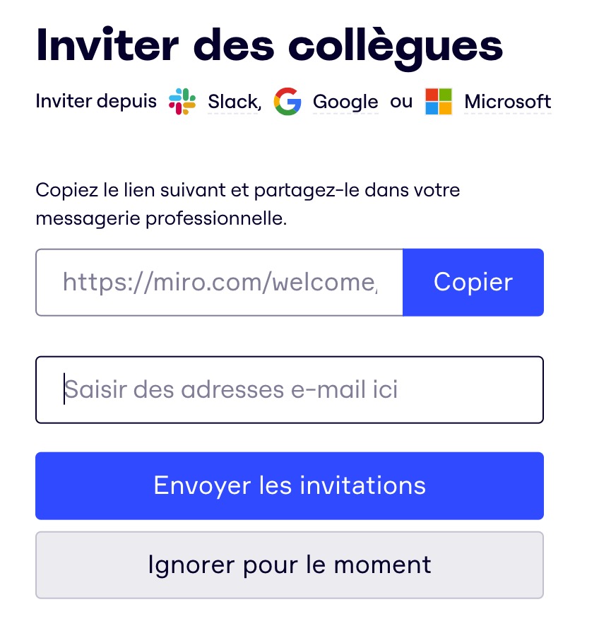 Analyse UX de Miro : capture d'écran du formulaire d'invitation des collaborateurs