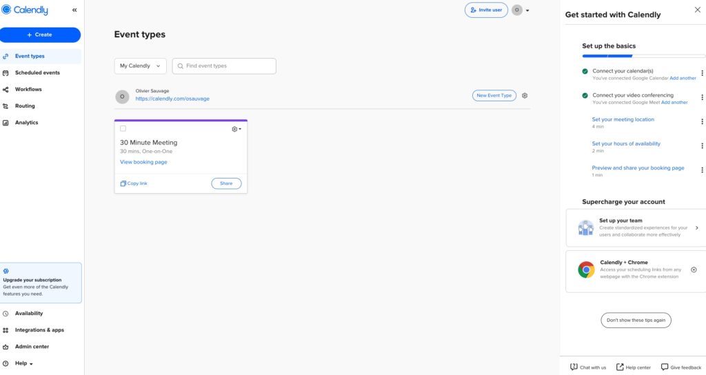 Analyse UX de l'onboarding de Calendly : écran d'accueil de l'application lors de la première connexion.