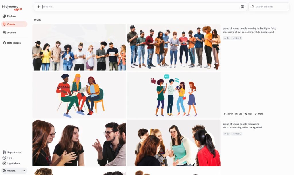 Analyse UX de Midjourney : Interface principale Web desktop.