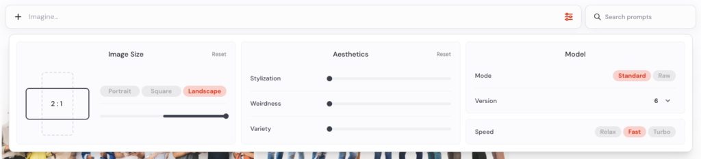 Analyse UX de Midjourney : vue du panneau de configuration