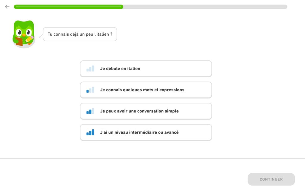 Écran de demande du niveau supposé de l'utilisateur
