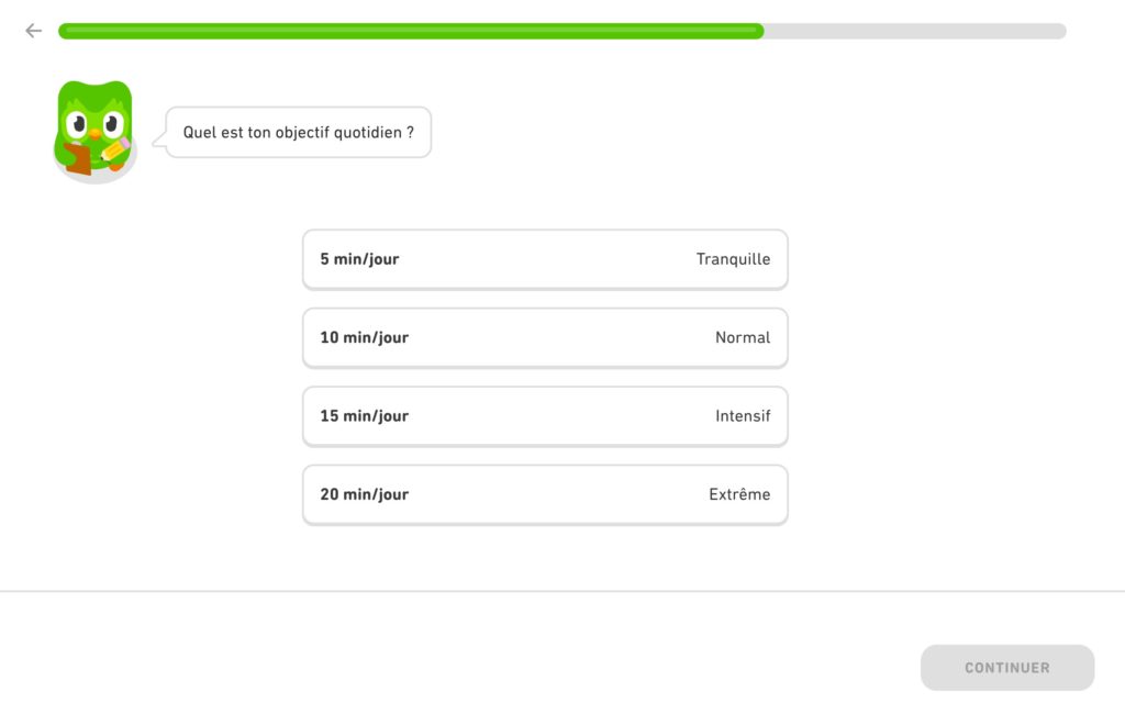 Écran de demande du niveau d'intensité de l'apprentissage