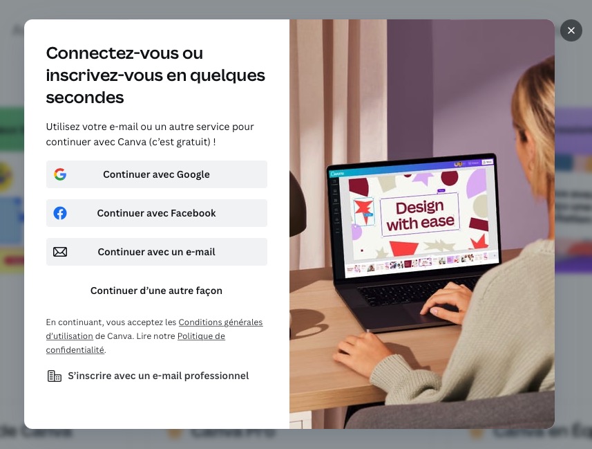 Écran du choix des modalités d'inscription dans Canva