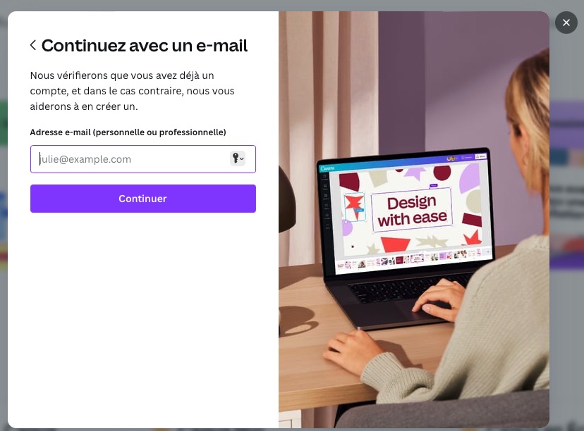Écran de saisie de l'adresse email dans Canva
