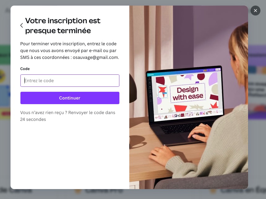 Écran de confirmation de l'adresse email lors de l'inscription
