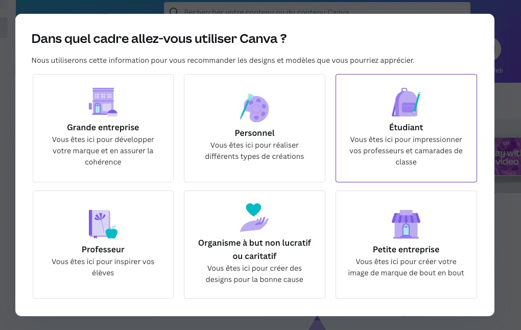 Écran de choix de l'utilisation de Canva