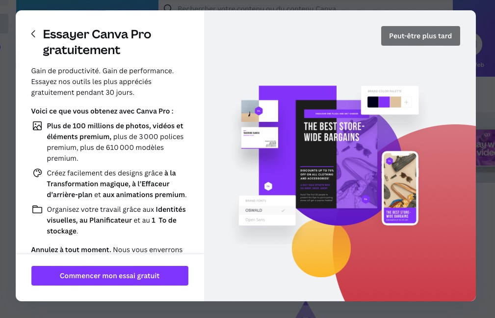 Ecran d'inscription de Canva à la version payante