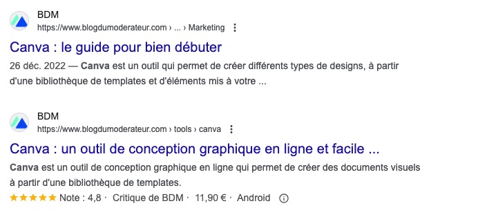 Capture d'écran de résultats dans Google montrant des liens du site BDM parlant de Canva