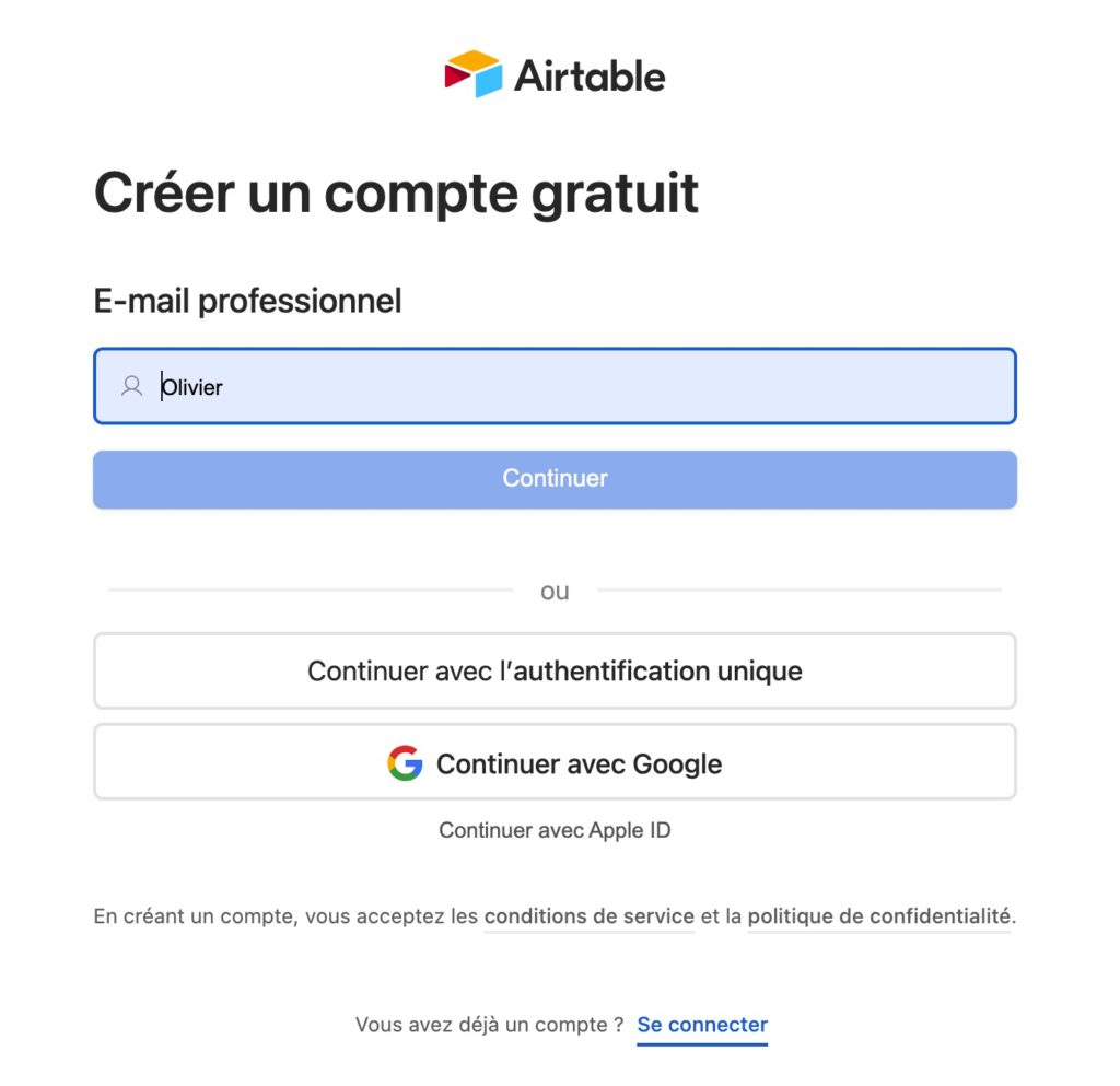 Ecran de saisie des informations de connexion