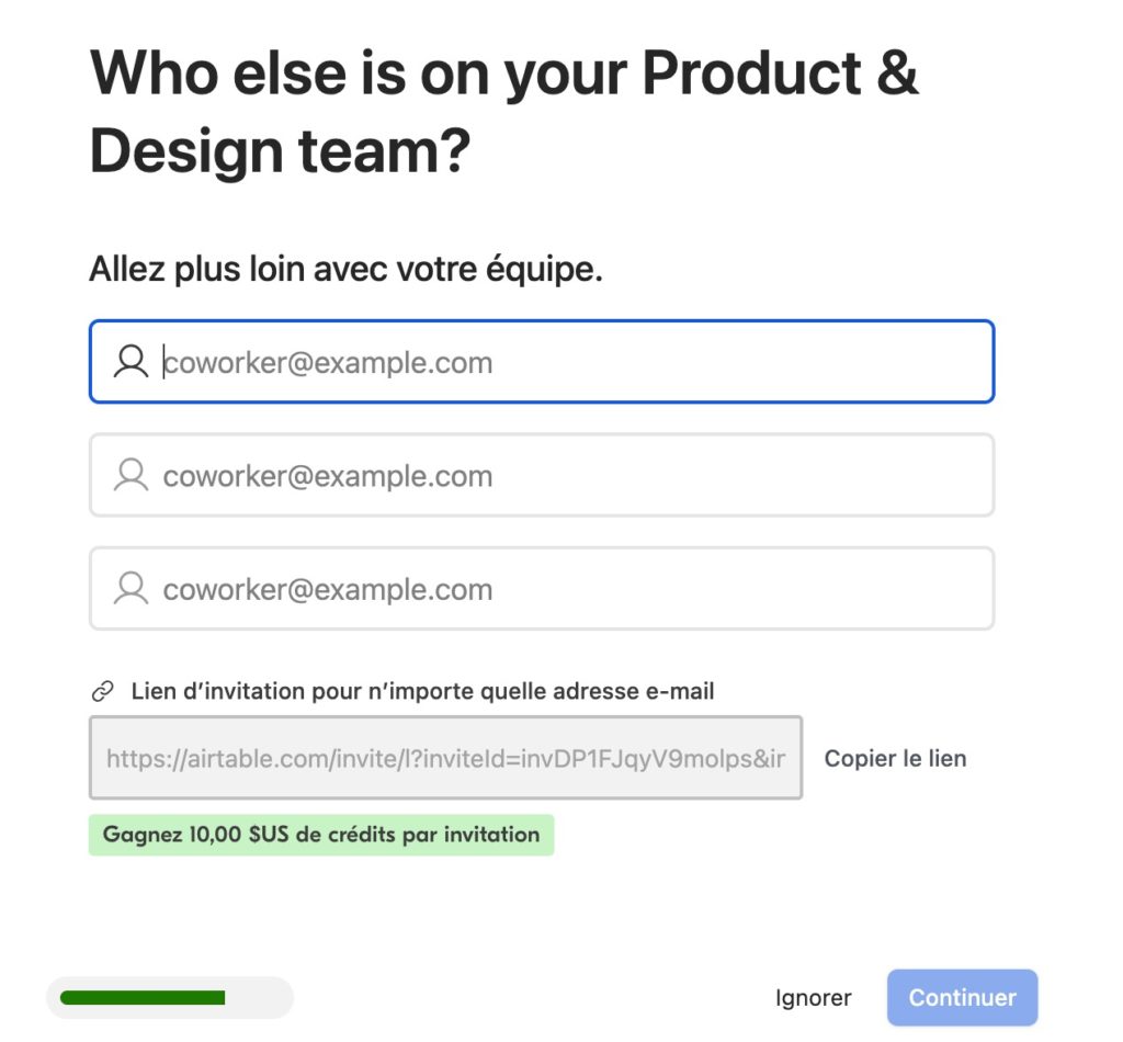 Ecran de partage d'invitation à Airtable