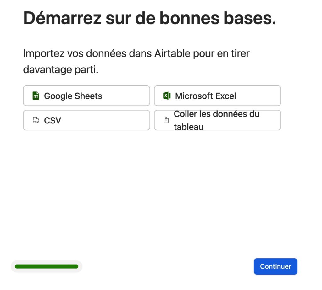 Ecran d'importation de données dans Airtable