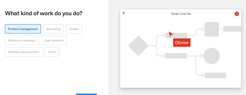 Extrait du tunnel d'inscription de Figma : la demande sur la profession