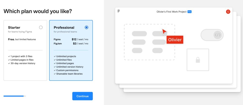 Extrait du tunnel d'inscription de Figma : la demande du plan