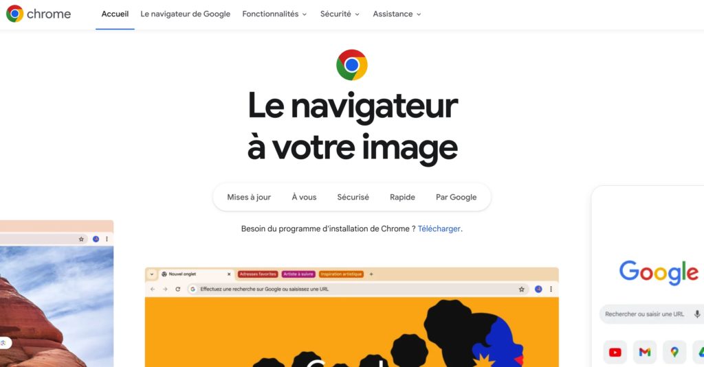 Capture de la page d'accueil de Google Chrome au-dessus de la ligne de flottaison