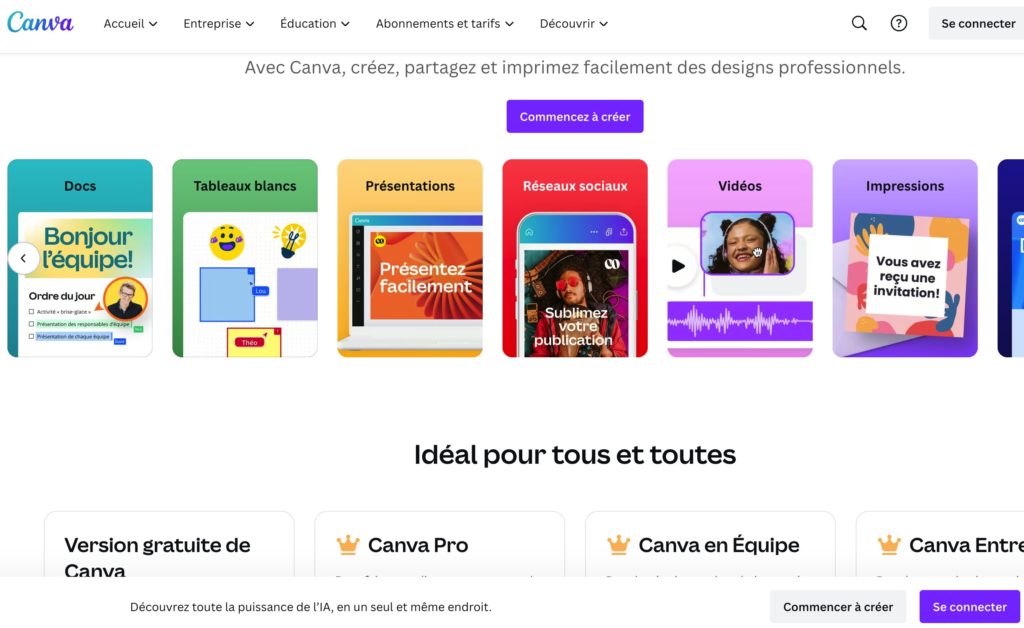 Haut de la page d'accueil de Canva.com, une solution qui compte plus de 90 millions d'utilisateurs.