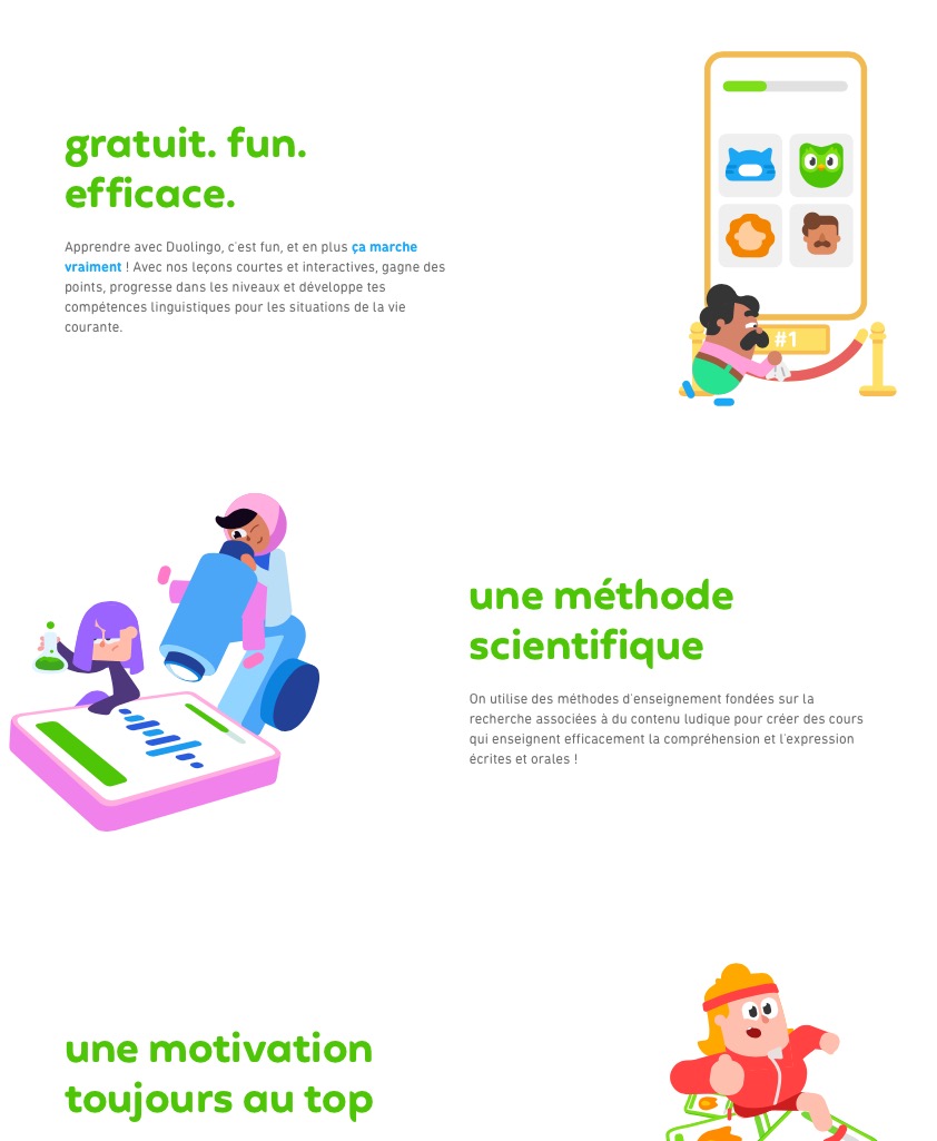 Capture d'écran de la présentation en quinconce ces arguments de Duolingo