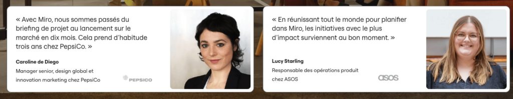 Exemple de témoignages clients sur la page d'accueil de Miro.com