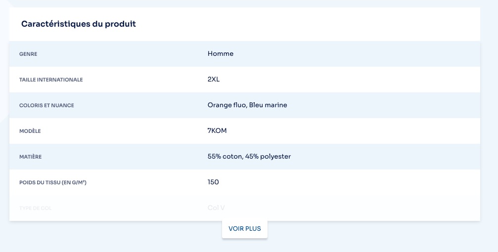 Exemple de tableau de caractéristiques sur le site Manorga